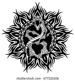 Abstract vector illustration black and white snake with open mouth on round ornament. Design for tattoo or print t shirt.