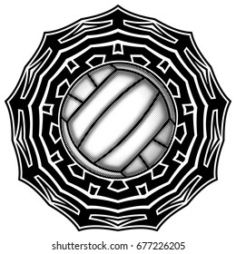 Abstract vector illustration black and white volleyball ball on round ornament. Design for tattoo or print t shirt.