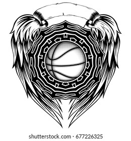 Abstract vector illustration black and white basketball ball on round ornament and wings. Design for tattoo or print t shirt.