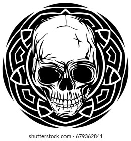 Abstract vector illustration black and white skull on round ornament. Design for tattoo or print t shirt.