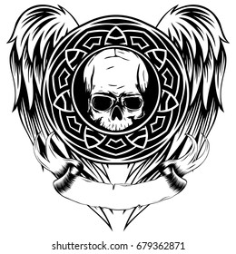 Abstract vector illustration black and white human skull and round ornament on wings. Design for tattoo or print t shirt.