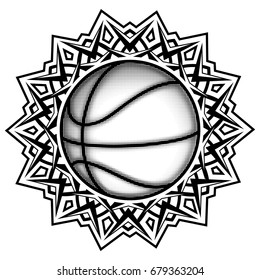 Abstract vector illustration black and white basketball ball on round ornament. Design for tattoo or print t shirt.