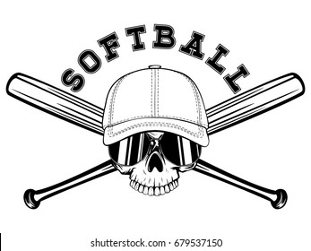 Abstract vector illustration black and white skull without lower jaw in sunglasses and baseball cap on crossed baseball bats. Inscription softball. Design for tattoo or print t-shirt.