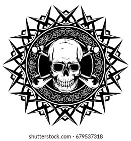 Abstract vector illustration black and white human skull with crossed bones on round ornament with celtic knots. Design for tattoo or print t shirt.