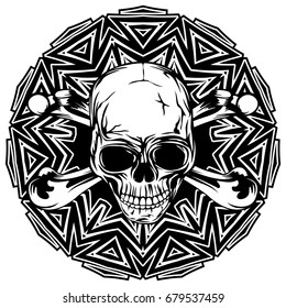 Abstract vector illustration black and white human skull with crossed bones on round ornament. Design for tattoo or print t shirt.