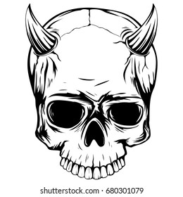 Abstract vector illustration black and white skull demon with horns. Design for tattoo or print t-shirt .