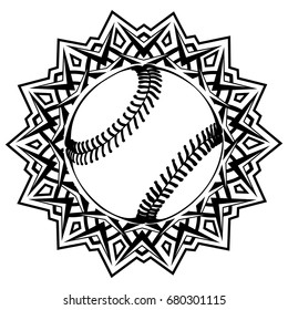 Abstract vector illustration black and white baseball ball on round ornament. Design for tattoo or print t shirt.