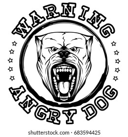 Abstract vector illustration black and white stamp with head dog breed pit bull and stars. Inscription warning angry dog.