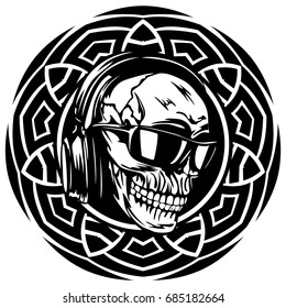 Abstract vector illustration black and white dj skull with headphones and sunglasses on round ornament. Design for tattoo or print t shirt.
