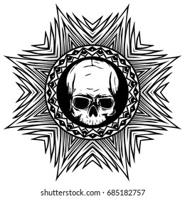 Abstract vector illustration black and white skull on round ornament. Design for tattoo or print t shirt.