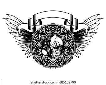 Abstract vector illustration black and white disc jockey skull with headphone and round ornament on wings. Design for tattoo or print t shirt.