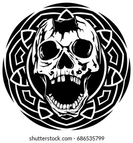 Abstract vector illustration black and white broken human skull with open jaw on round ornament. Design for tattoo or print t shirt.