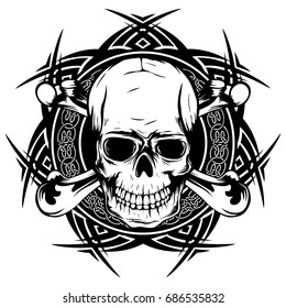 Abstract vector illustration black and white human skull with crossed bones on round ornament with celtic knots. Design for tattoo or print t shirt.