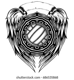 Abstract vector illustration black and white volleyball ball on round ornament and wings. Design for tattoo or print t shirt.