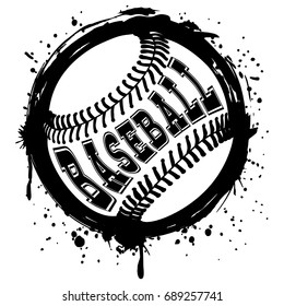 Abstract vector illustration black and white baseball ball on grunge background. Inscription baseball. Design for tattoo or print t-shirt.