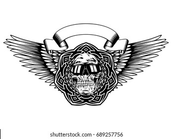 Abstract vector illustration black and white human skull in sunglasses and round ornament on wings. Design for tattoo or print t shirt.