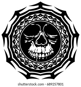 Abstract vector illustration black and white skull on round ornament. Design for tattoo or print t shirt.