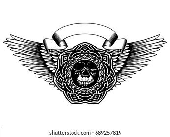 Abstract vector illustration black and white human skull and round ornament on wings. Design for tattoo or print t shirt.