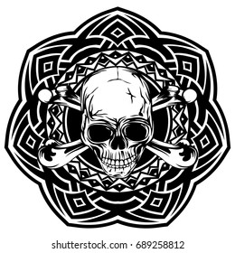 Abstract vector illustration black and white human skull with crossed bones on round ornament. Design for tattoo or print t shirt.