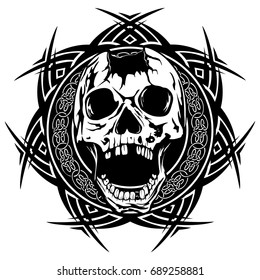 Abstract vector illustration black and white broken human skull with open jaw on round ornament with celtic knots. Design for tattoo or print t shirt.
