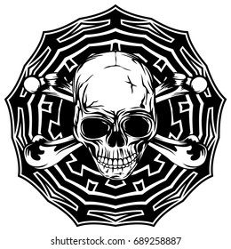 Abstract vector illustration black and white human skull with crossed bones on round ornament. Design for tattoo or print t shirt.