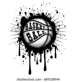 Abstract vector illustration black and white basketball ball on grunge background. Inscription basketball. Design for tattoo or print t-shirt.