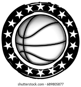 Abstract vector illustration black and white basketball ball on grunge background with stars. Design for tattoo or print t shirt.