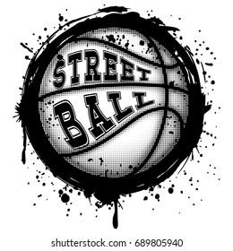 Abstract vector illustration black and white basketball ball on grunge background. Inscription streetball. Design for tattoo or print t-shirt.