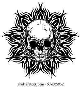 Abstract vector illustration black and white skull on round ornament. Design for tattoo or print t shirt.