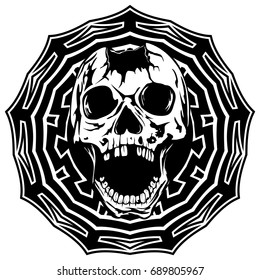 Abstract vector illustration black and white broken human skull with open jaw on round ornament. Design for tattoo or print t shirt.