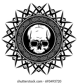 Abstract vector illustration black and white skull on round ornament with celtic knots. Design for tattoo or print t shirt.