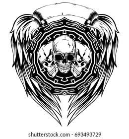 Abstract vector illustration black and white human skulls and round ornament on wings. Design for tattoo or print t shirt.