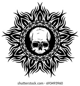 Abstract vector illustration black and white skull on round ornament. Design for tattoo or print t shirt.