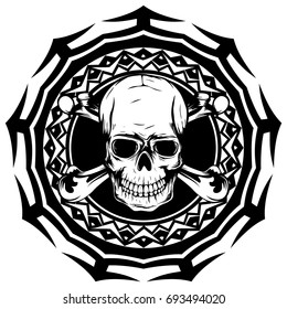 Abstract vector illustration black and white human skull with crossed bones on round ornament. Design for tattoo or print t shirt.
