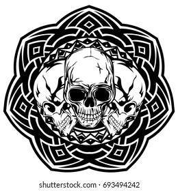 Abstract vector illustration black and white skulls on round ornament. Design for tattoo or print t shirt.