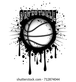 Abstract vector illustration black and white basketball ball on grunge background. Inscription basketball. Design for tattoo or print t-shirt.