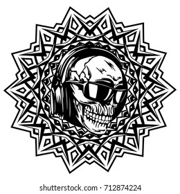 Abstract vector illustration black and white dj skull with headphones and sunglasses on round ornament. Design for tattoo or print t shirt.