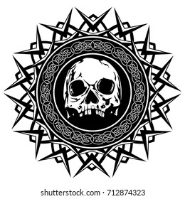 Abstract vector illustration black and white skull on round ornament with celtic knots. Design for tattoo or print t shirt.