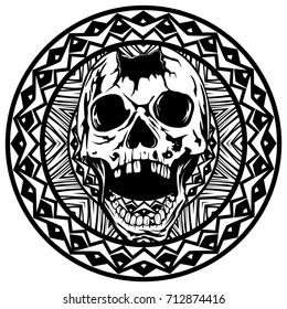 Abstract vector illustration black and white broken human skull with open jaw on round ornament. Design for tattoo or print t shirt.