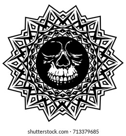 Abstract vector illustration black and white skull on round ornament. Design for tattoo or print t shirt.