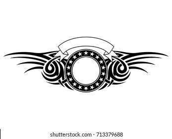 Abstract vector illustration black and white round frame with stars and tribal wings . Design for tattoo or print t-shirt .