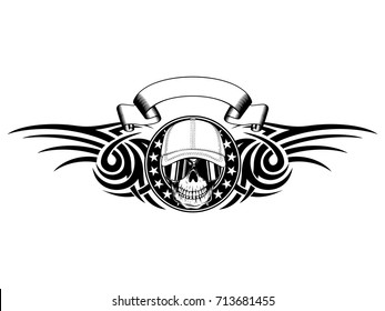Abstract vector illustration black and white skull in sunglasses and baseball cap on round frame with stars and tribal wings. Design for tattoo or print t-shirt.