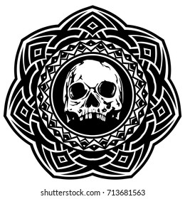Abstract vector illustration black and white skull on round ornament. Design for tattoo or print t shirt.