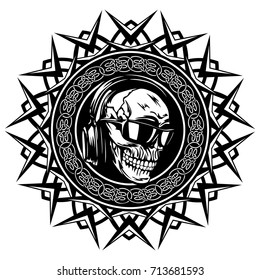 Abstract vector illustration black and white dj skull with headphones and sunglasses on round ornament with celtic knots. Design for tattoo or print t shirt.