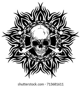 Abstract vector illustration black and white skull on round ornament. Design for tattoo or print t shirt.