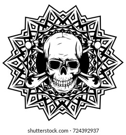 Abstract vector illustration black and white human skull with crossed bones on round ornament. Design for tattoo or print t shirt.
