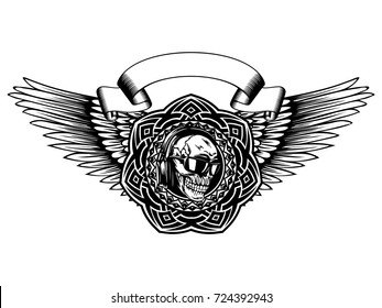 Abstract vector illustration black and white disc jockey skull in sunglasses with headphone and round ornament on wings. Design for tattoo or print t shirt.