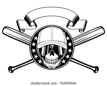 Abstract vector illustration black and white skull in sunglasses and baseball cap on round frame with stars and crossed baseball bats. Design for tattoo or print t-shirt.