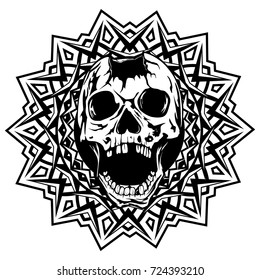 Abstract vector illustration black and white broken human skull with open jaw on round ornament. Design for tattoo or print t shirt.