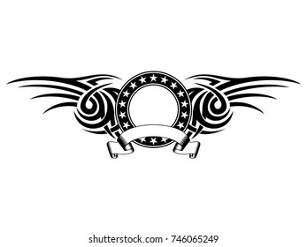 Abstract vector illustration black and white round frame with stars and tribal wings . Design for tattoo or print t-shirt .